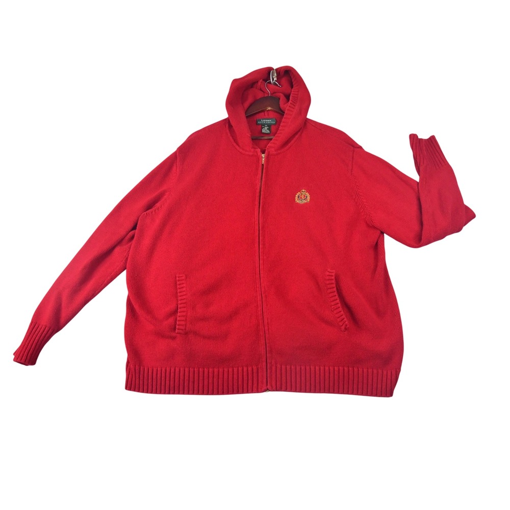 Lauren Ralph Lauren Full Zip Hooded Sweater Womens 3X Red Crest Cotton Knit